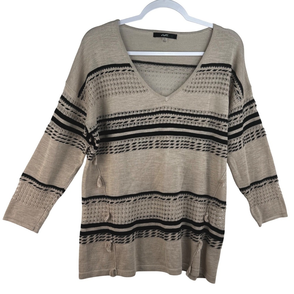 Avec Womens V-Neck Tassel Striped Pointelle Knit Sweater Tan Black Large
